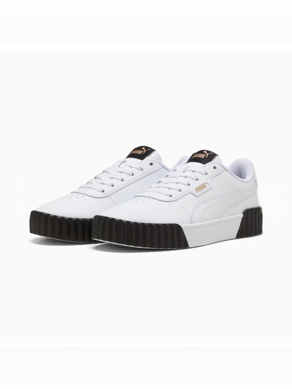Puma Carina White Sneakers with Black Ridged Platform and Gold Accents